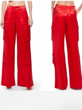 Alice + Olivia Joette Red Satin Cargo Wide-Leg Pants - Red